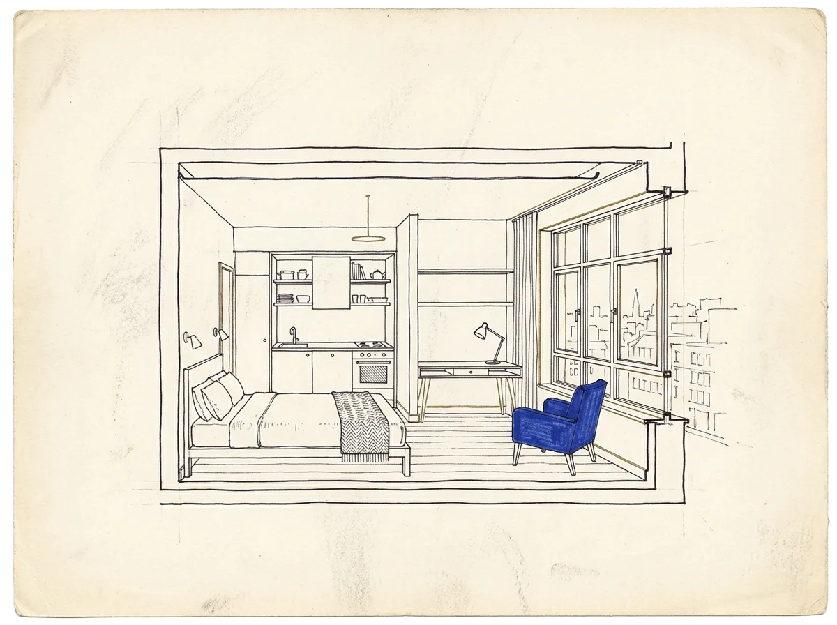 Illustrative architectural plate of a compact furnished studio apartment layout — Gaurs Studio Bento concept, Gaur Yamuna City